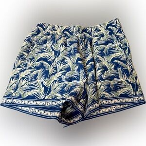 Max Studio Blue and Cream Leaf Pattern High Waist Shorts | Sz M